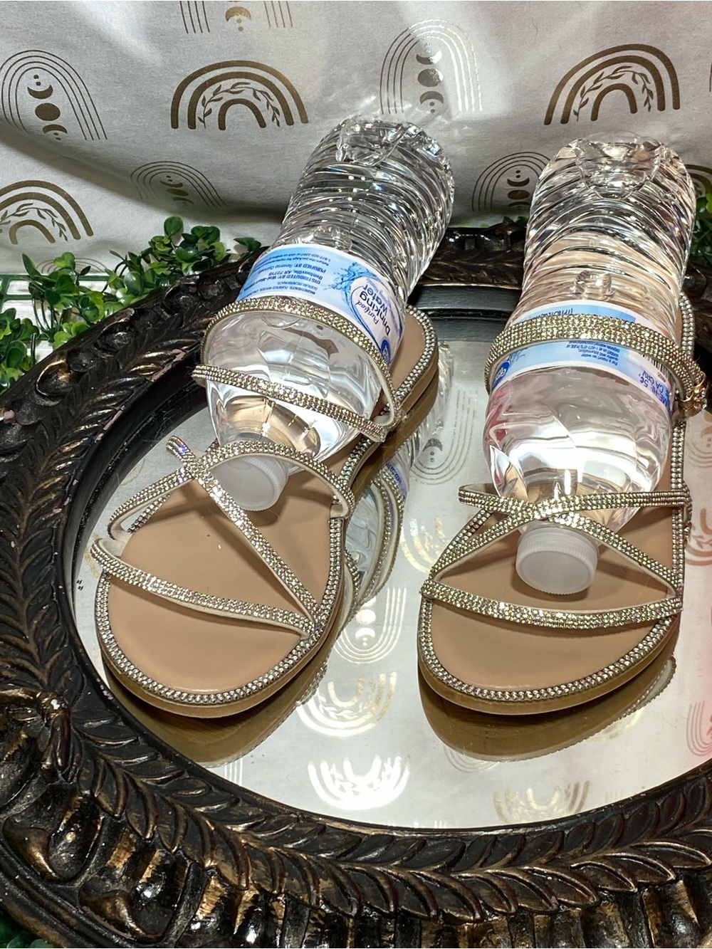 Rhinestone Strappy Flat Sandals in Nude